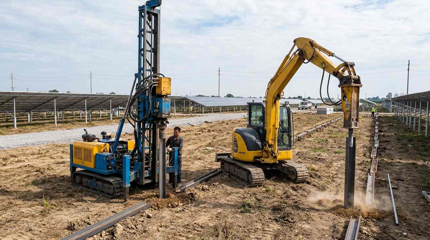 Two ways to install PV foundation piles: dedicated platform vs. excavator-mounted impact tool